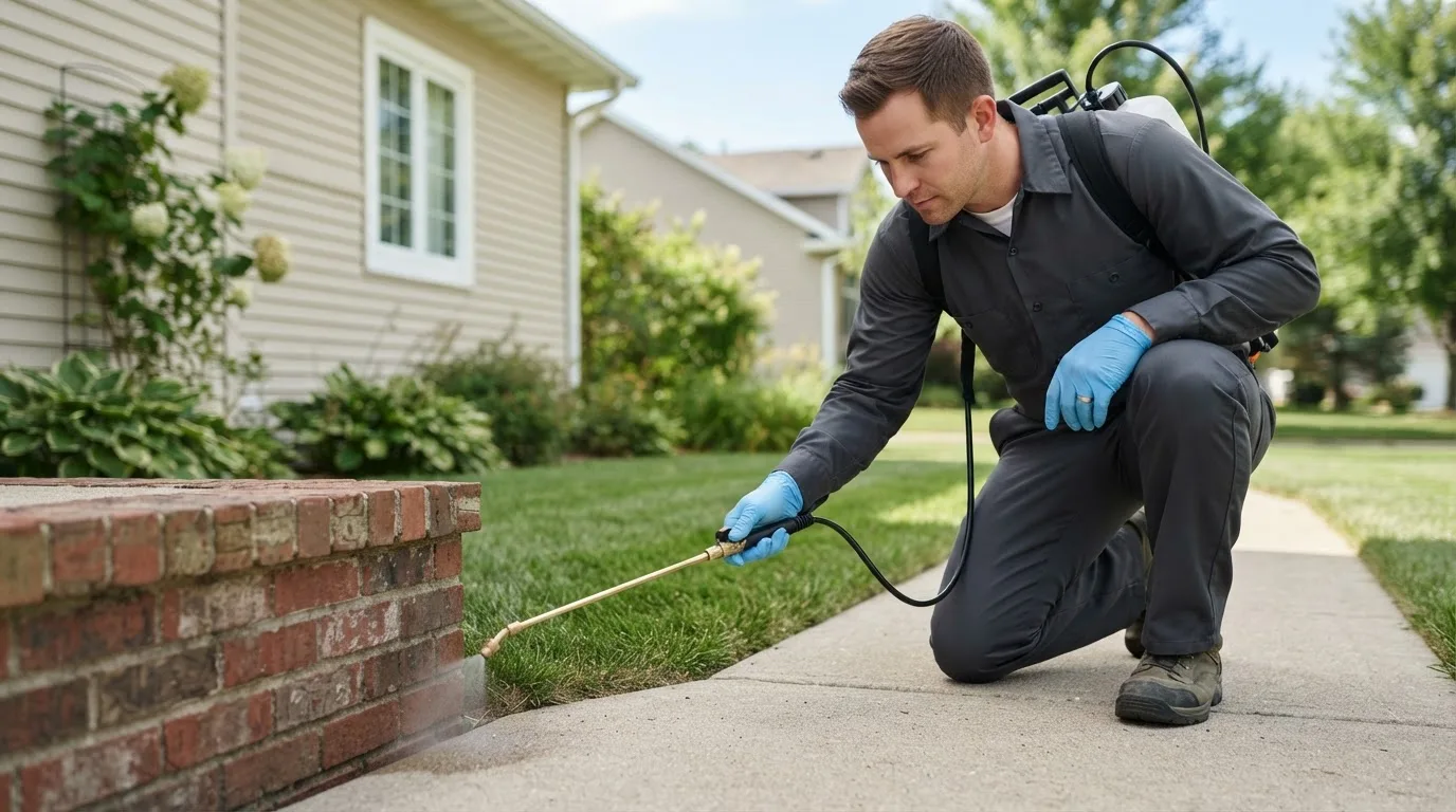 Pest control technician treating a home near New Athens, OH