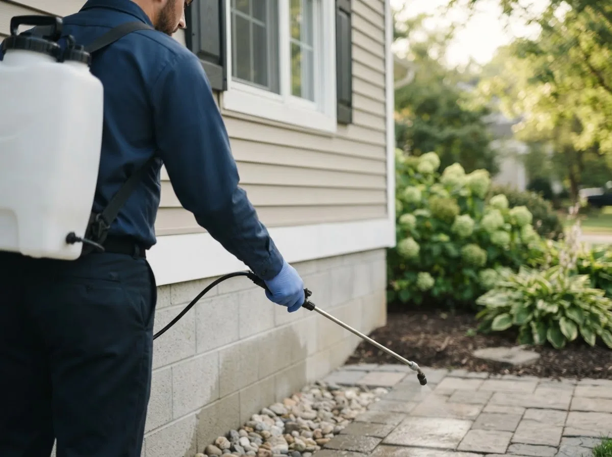 Pest control technician inspecting a home in New Athens, OH